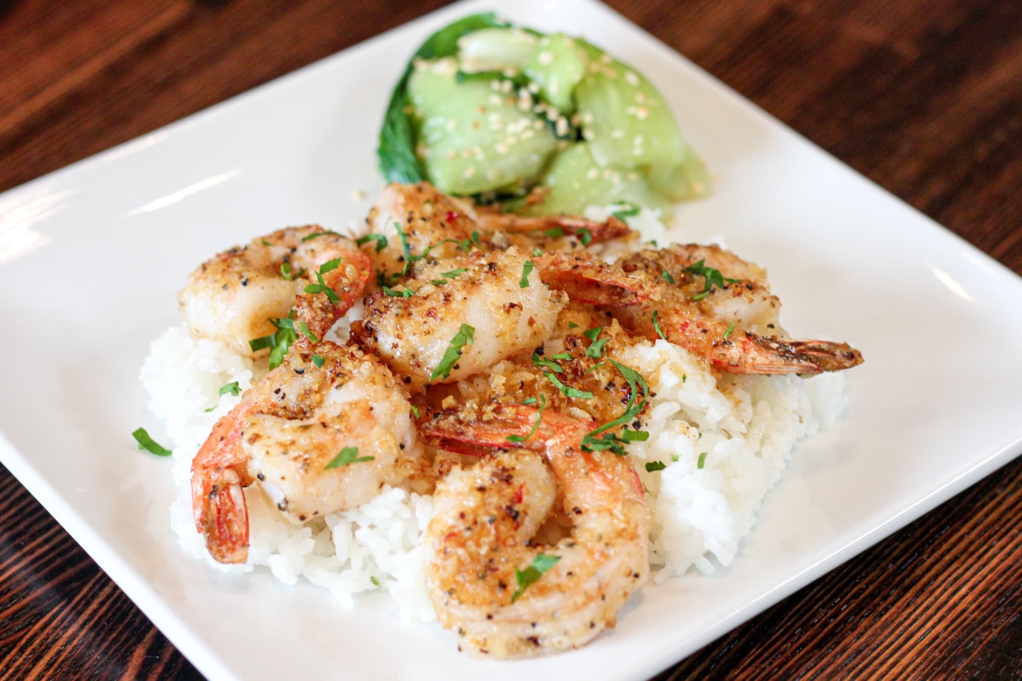 Hana Koa Brewing Co. — garlic shrimp rice plate