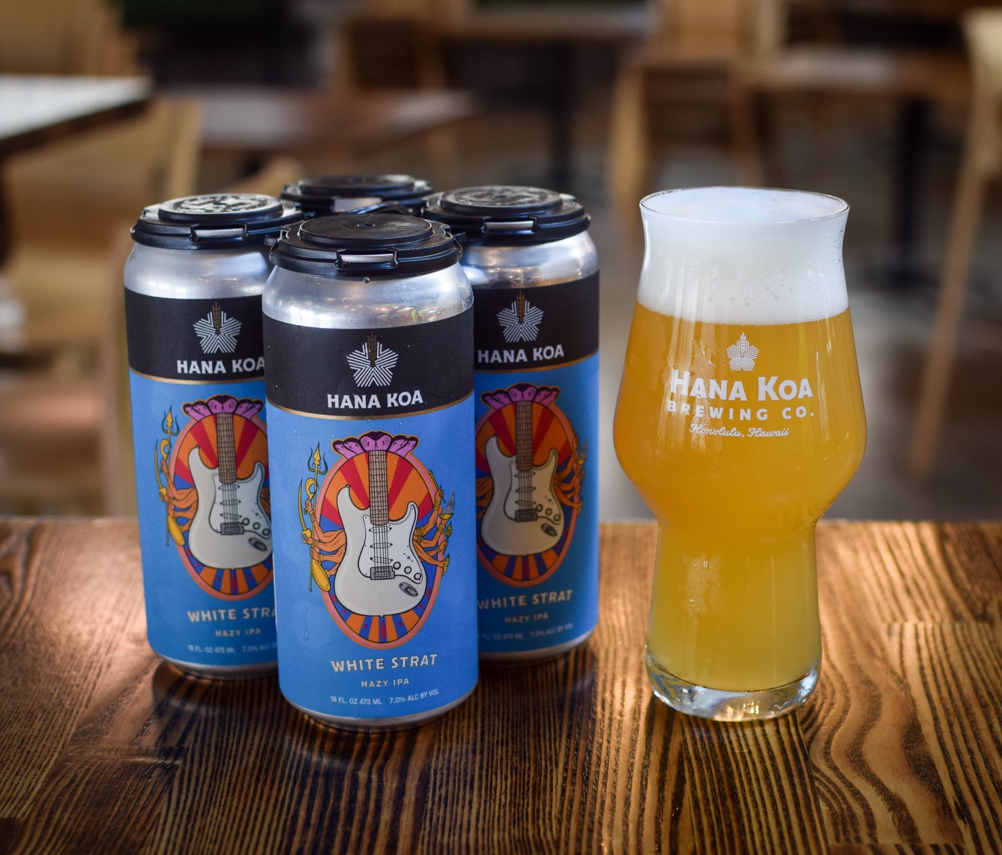 Hana Koa Brewing Co. — white strat hazy ipa cans glass