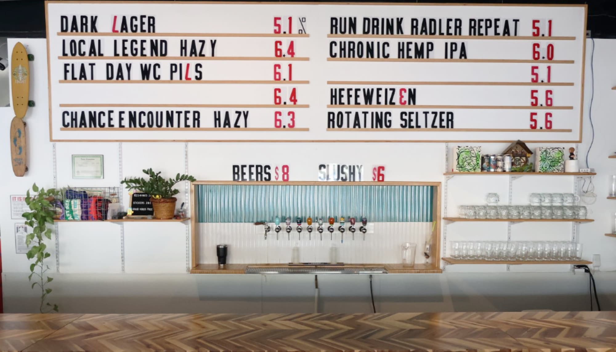 Howzit Brewing — tap list board above bar
