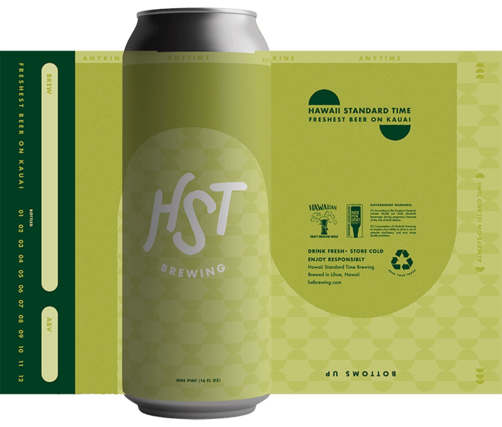Hawai'i Standard Time Brewing — green can label mockup