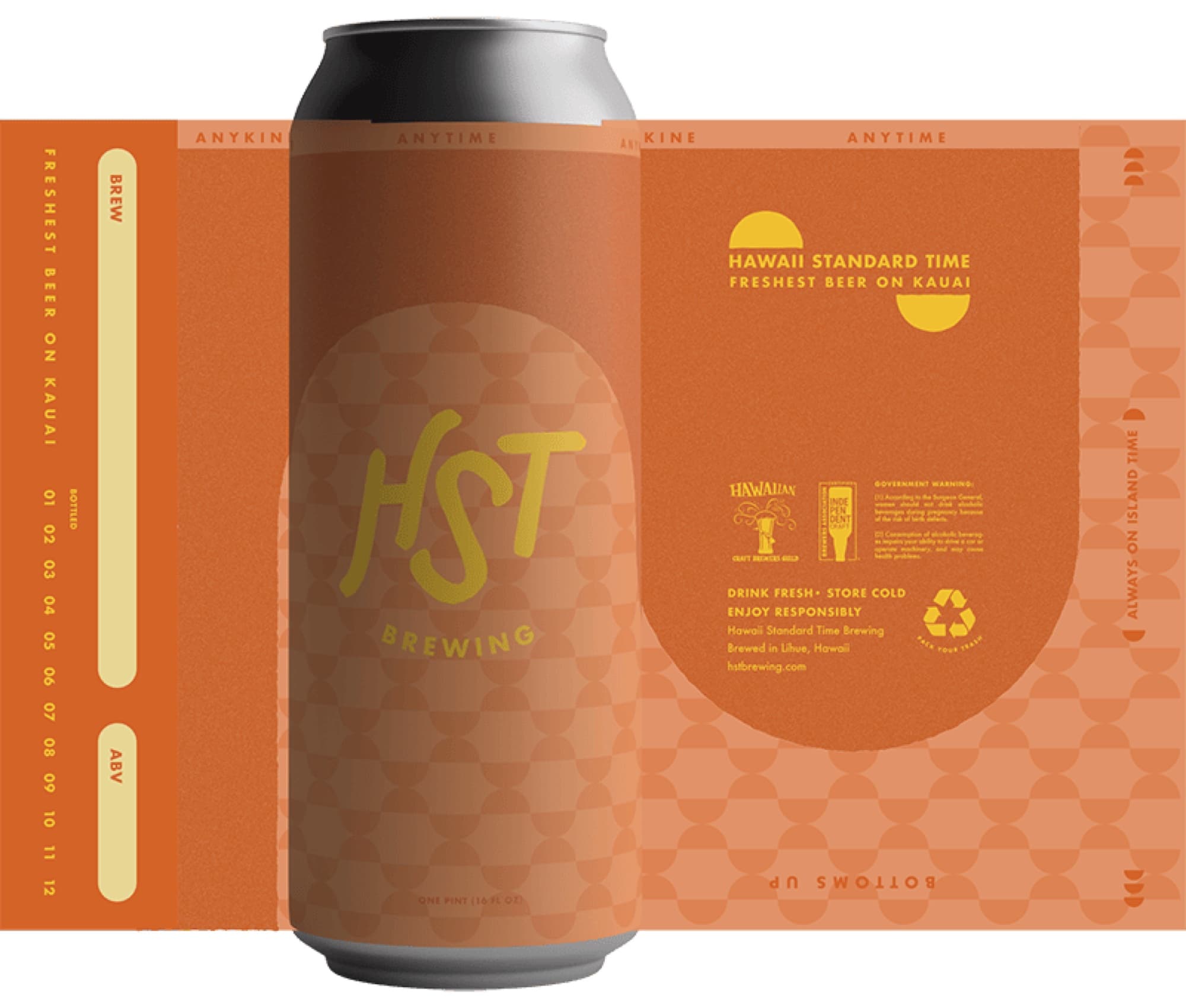 Hawai'i Standard Time Brewing — orange can label mockup