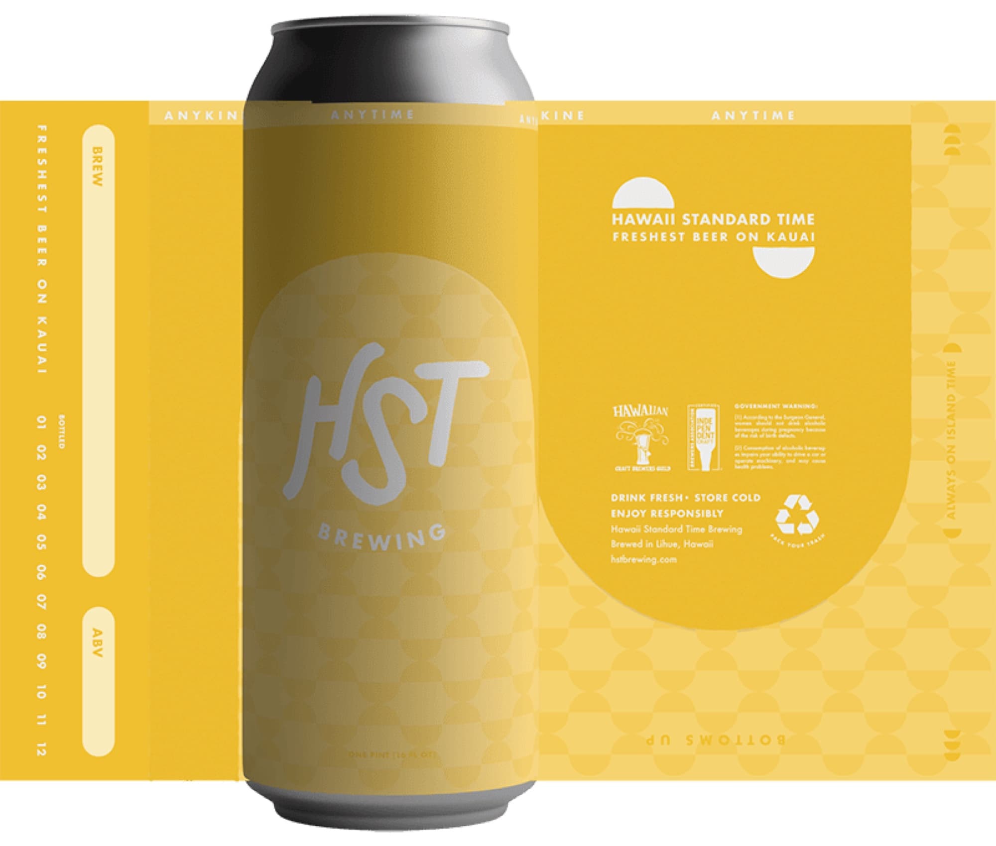 Hawai'i Standard Time Brewing — yellow can label design