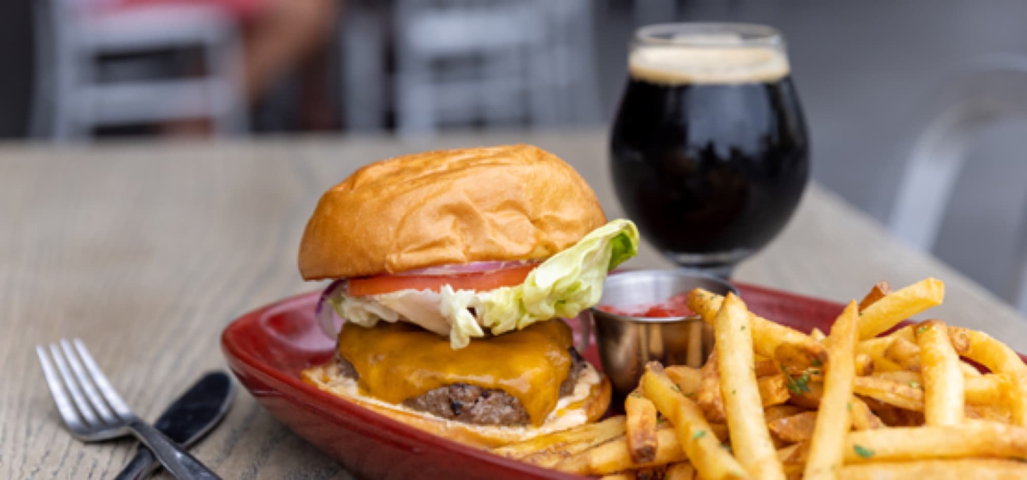 Maui Brewing Company — cheeseburger fries dark beer