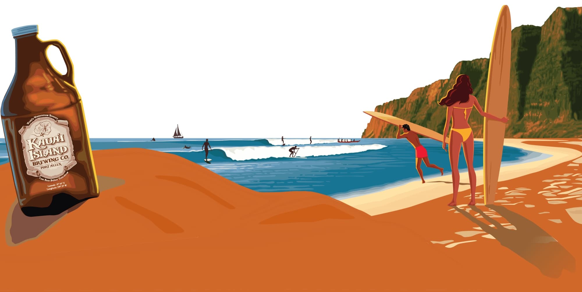Kauai Island Brewing Company — growler beach surfers illustration