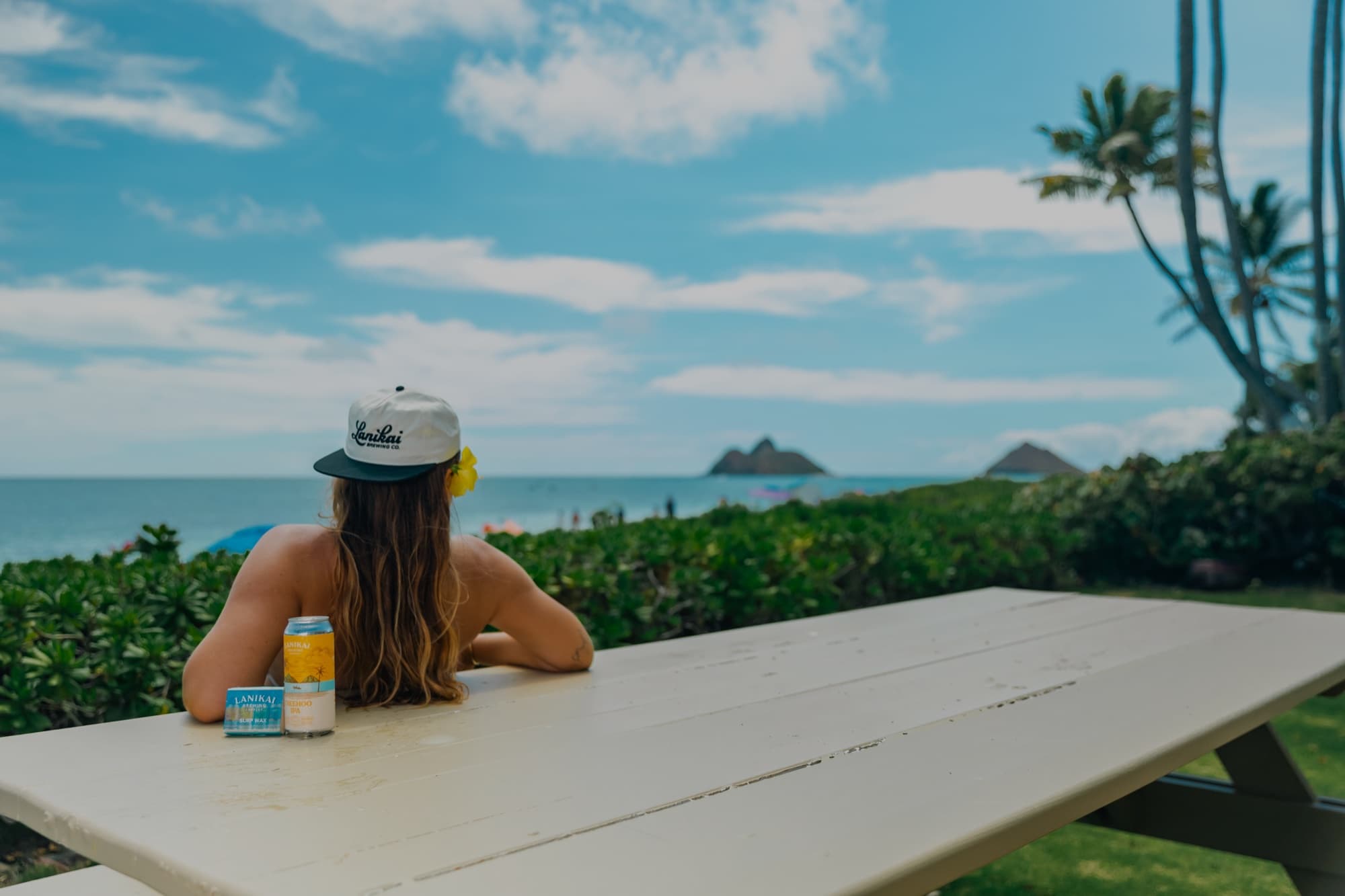 Lanikai Brewing — Volcano — beer cans beachside picnic table