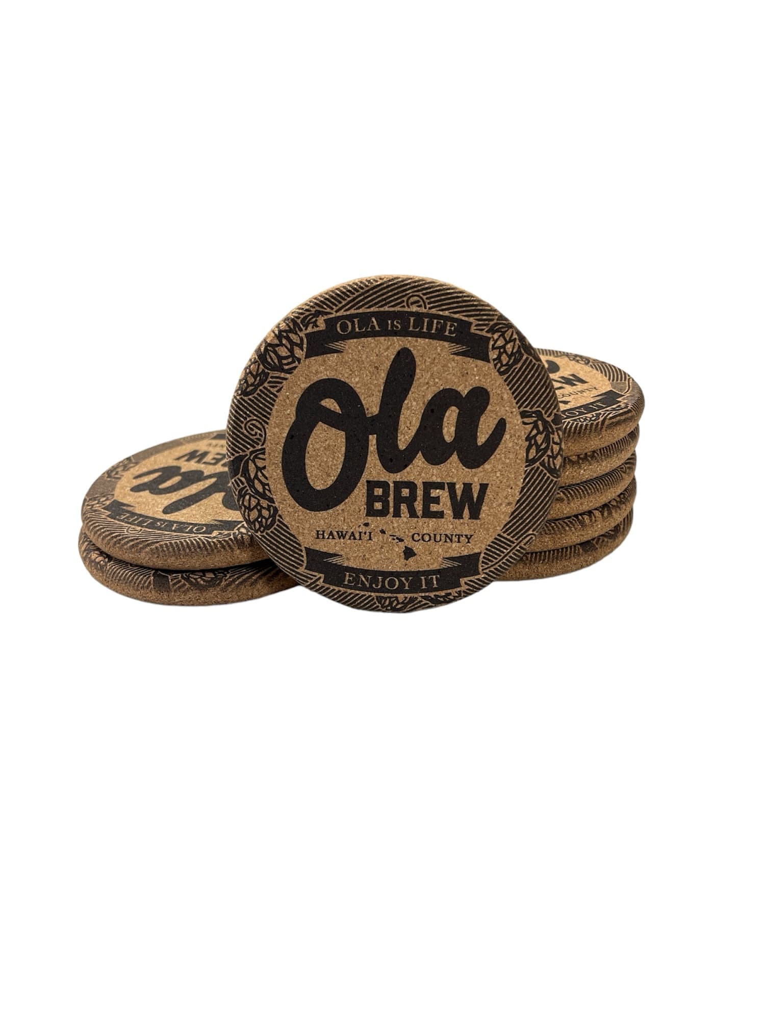 Ola Brew Co. — cork coasters branded stack