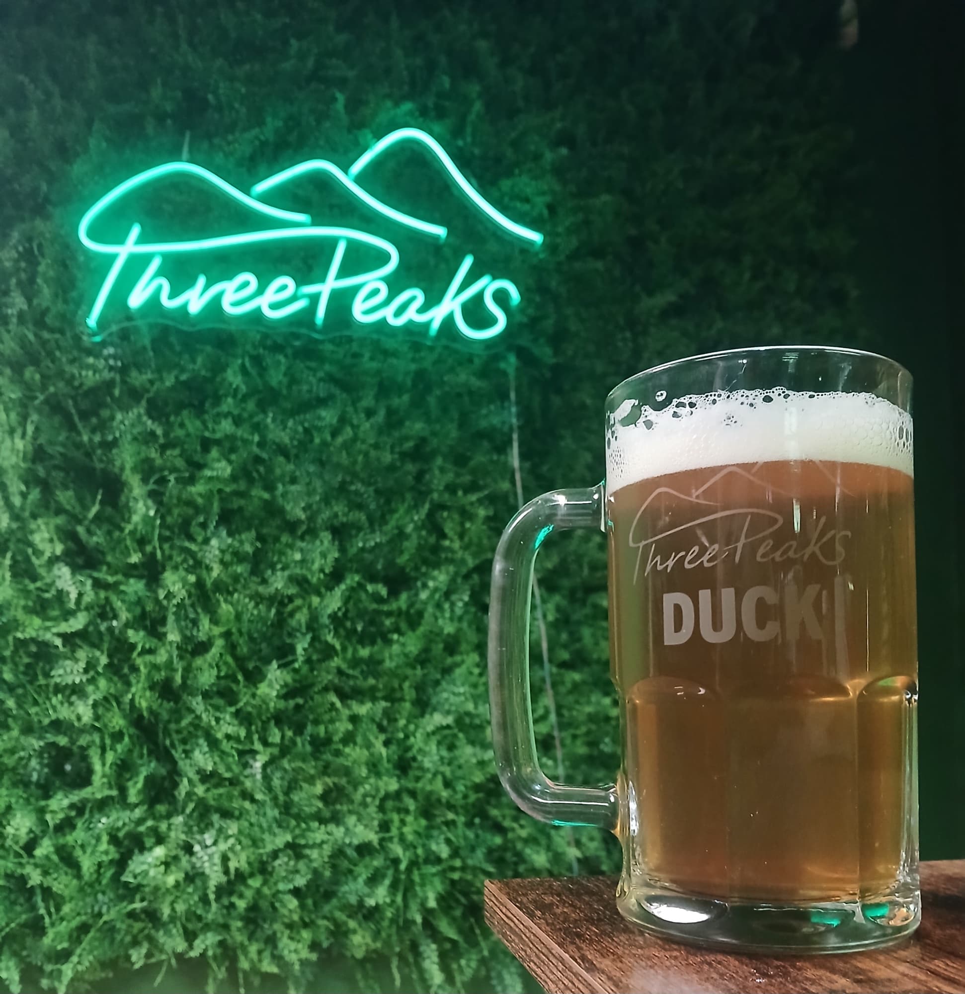 Three Peaks Brewing — beer mug neon sign greenery