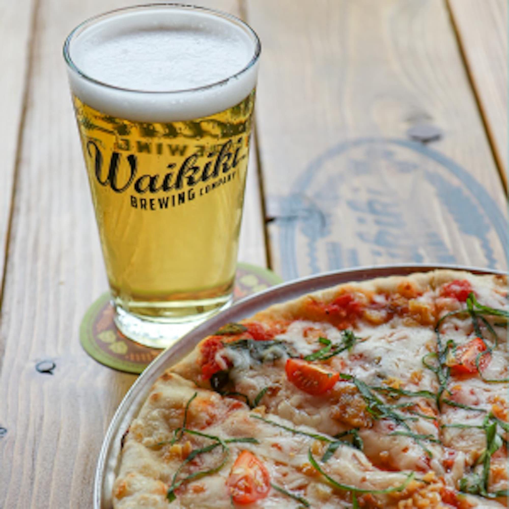 Waikiki Brew Co — beer pint margherita pizza